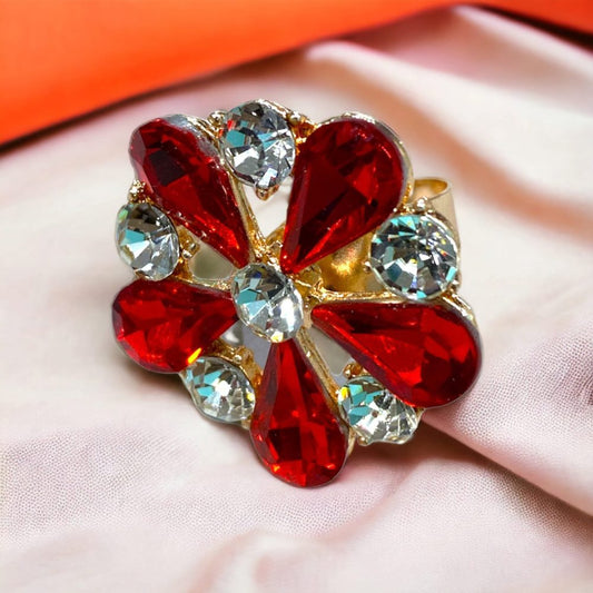 Flower Design Emerald Red Crystal Ring Colour Free Size-Kalash Cards