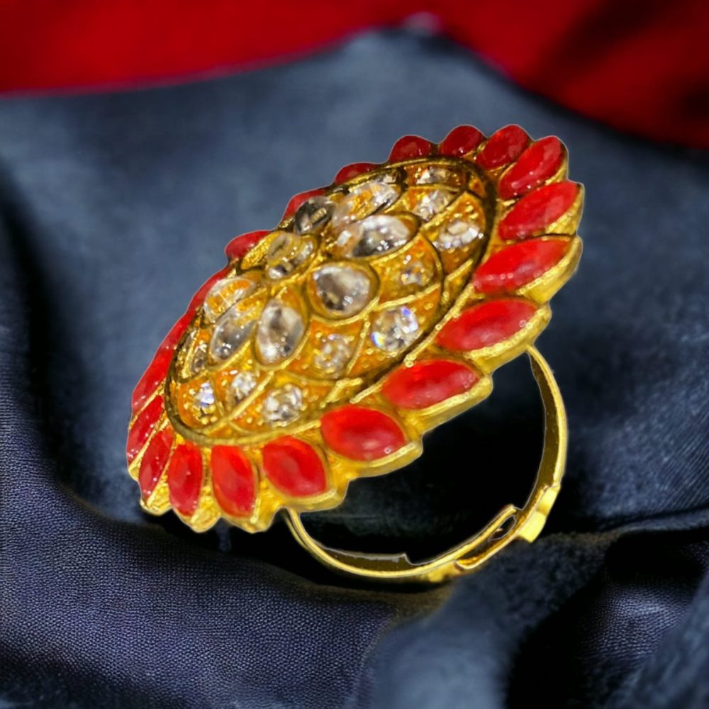 AD Kundan and Red Stone Flower Design Ring-Kalash Cards