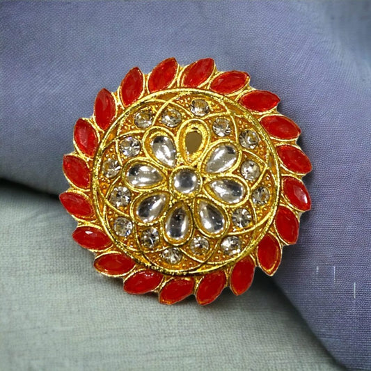 AD Kundan and Red Stone Flower Design Ring-Kalash Cards