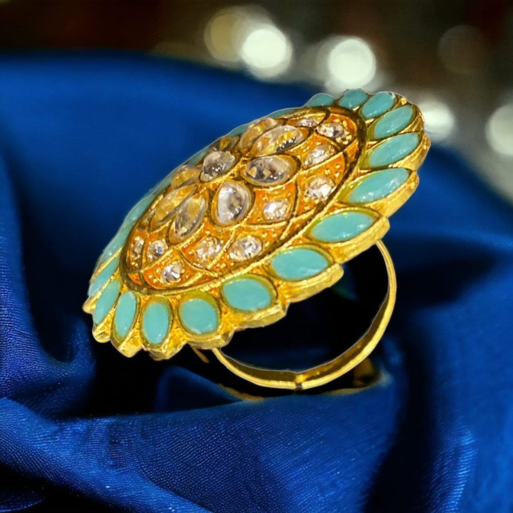 AD Kundan and Blue Stone Flower Design Ring-Kalash Cards