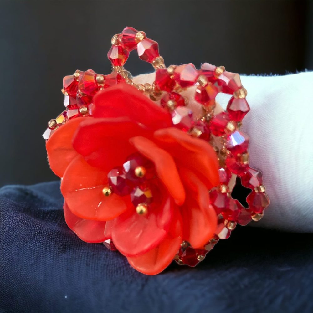 Red Colour Korean Flower Design 3D Crystal Ring Free Size-Kalash Cards