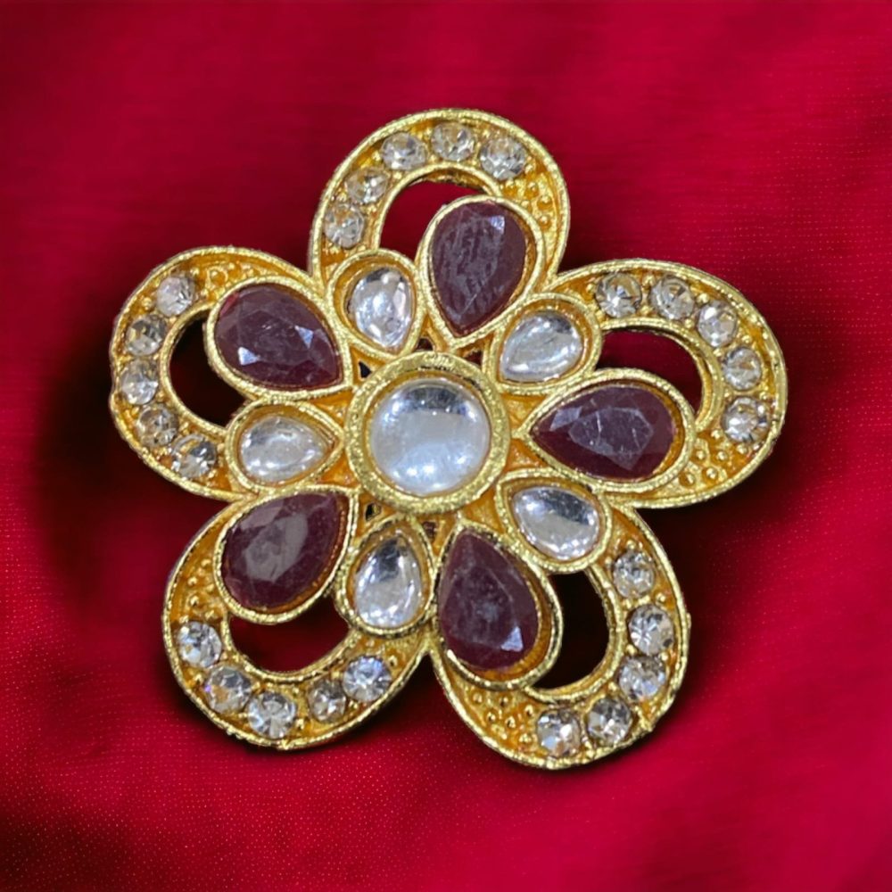 Maroon Kundan and Stone American Diamond Studded Flower Design Ring-Kalash Cards