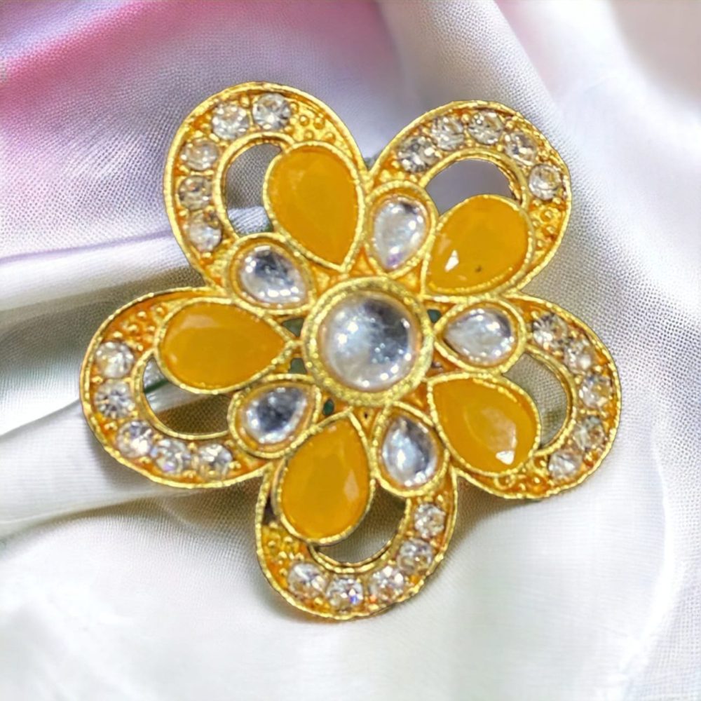 Yellow Kundan and Stone American Diamond Studded Flower Design Ring-Kalash Cards