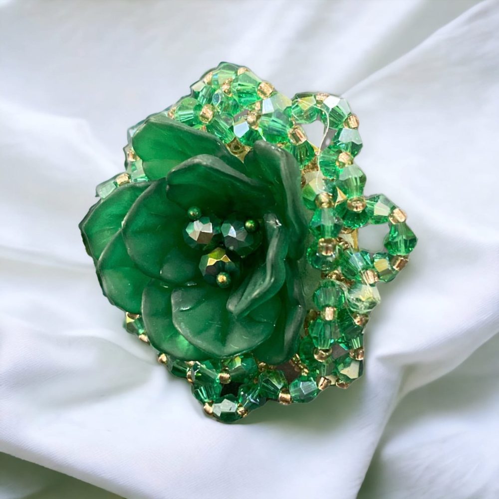 Green Colour Korean Flower Design 3D Crystal Ring Free Size-Kalash Cards