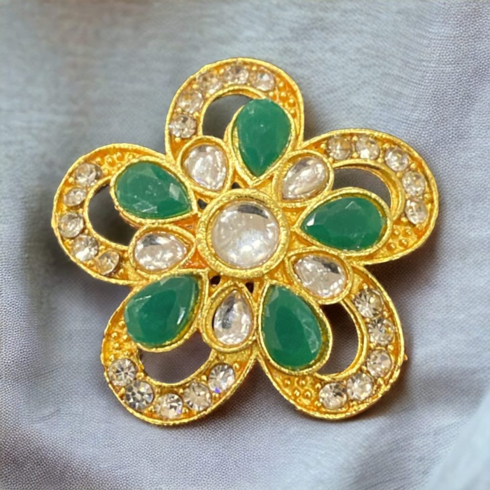 Dark Green Kundan and Stone American Diamond Studded Flower Design Ring-Kalash Cards