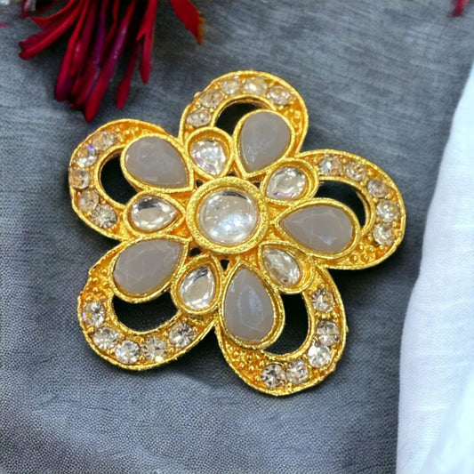 Grey Kundan and Stone American Diamond Studded Flower Design Ring-Kalash Cards