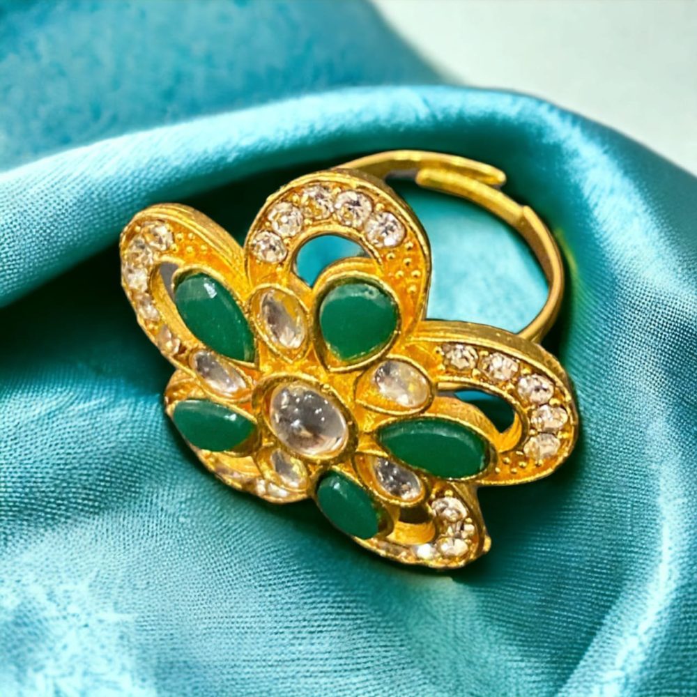 Dark Green Kundan and Stone American Diamond Studded Flower Design Ring-Kalash Cards