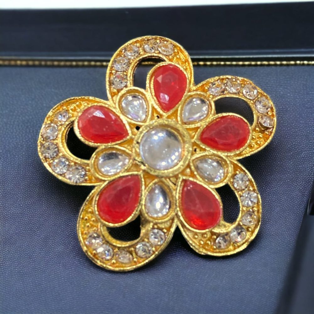 Red Kundan and Stone American Diamond Studded Flower Design Ring-Kalash Cards