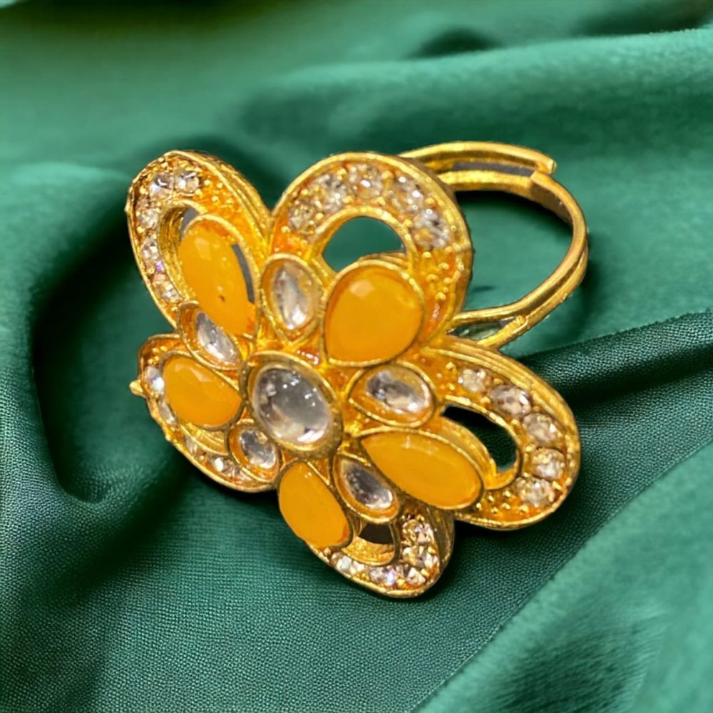 Yellow Kundan and Stone American Diamond Studded Flower Design Ring-Kalash Cards