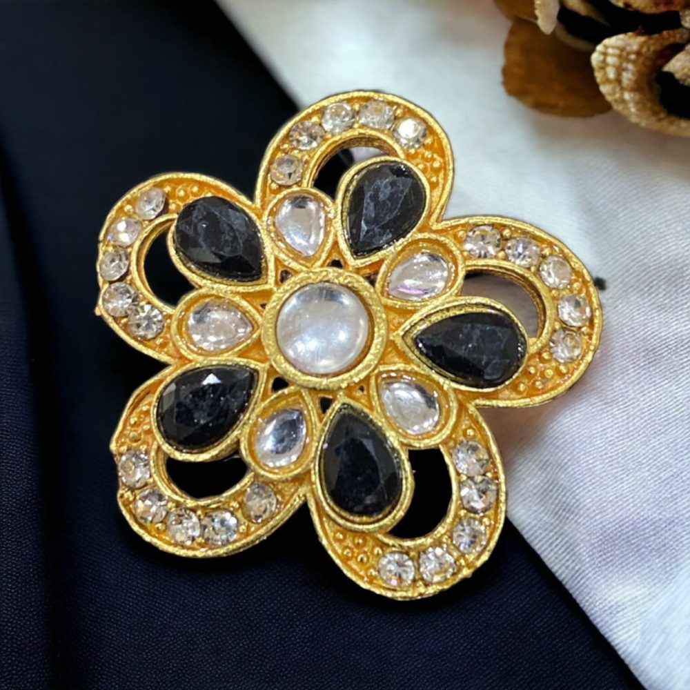 Black Kundan and Stone American Diamond Studded Flower Design Ring-Kalash Cards