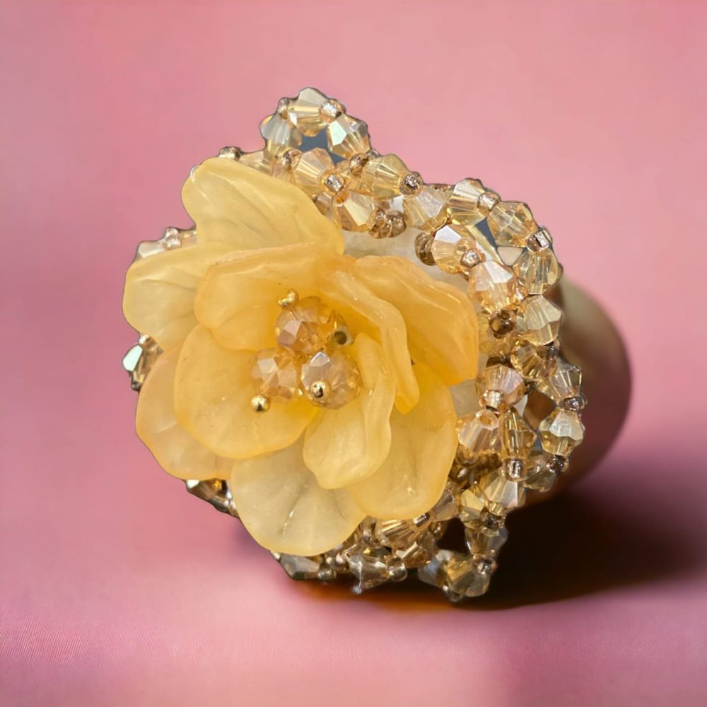 Golden/yellow Colour Korean Flower Design 3D Crystal Ring Free Size-Kalash Cards