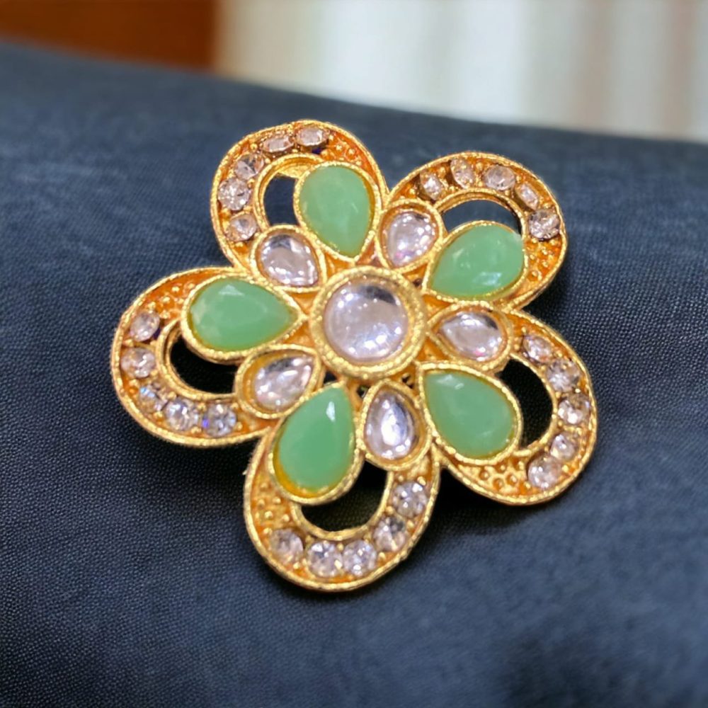Green Kundan and Stone American Diamond Studded Flower Design Ring-Kalash Cards