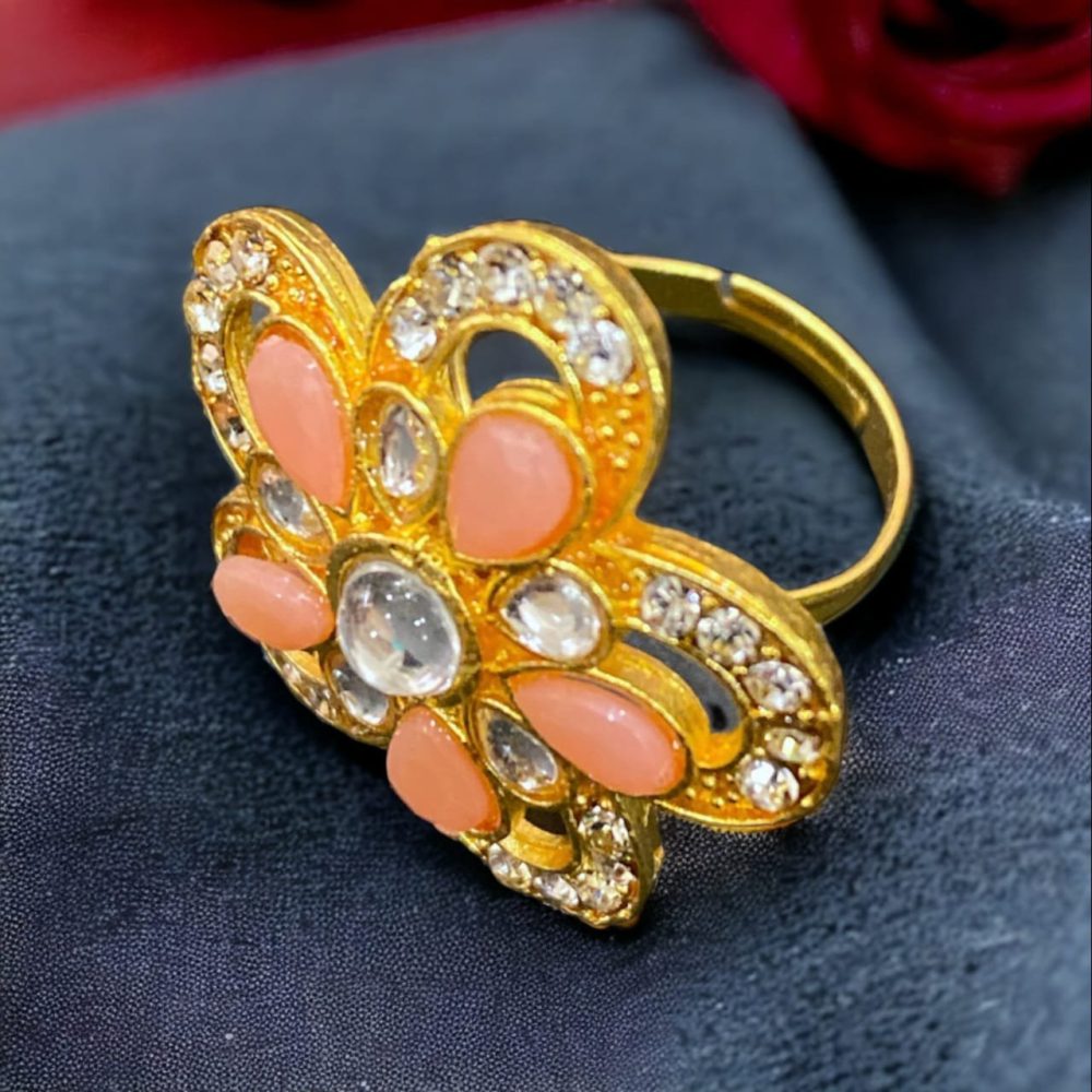 Peach Kundan and Stone American Diamond Studded Flower Design Ring-Kalash Cards