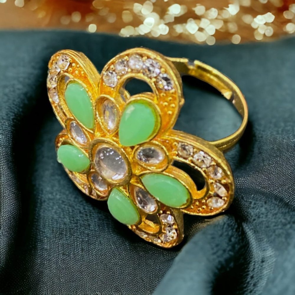 Green Kundan and Stone American Diamond Studded Flower Design Ring-Kalash Cards