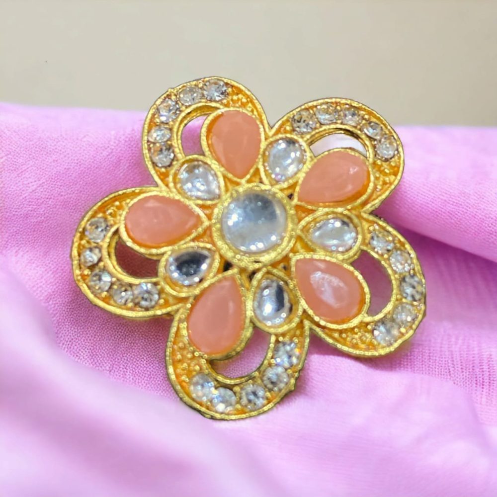 Peach Kundan and Stone American Diamond Studded Flower Design Ring-Kalash Cards
