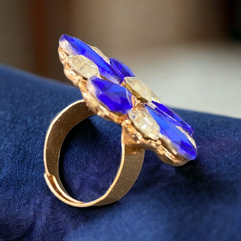 Flower Design Deep Blue Colour Crystal Ring Free Size-Kalash Cards