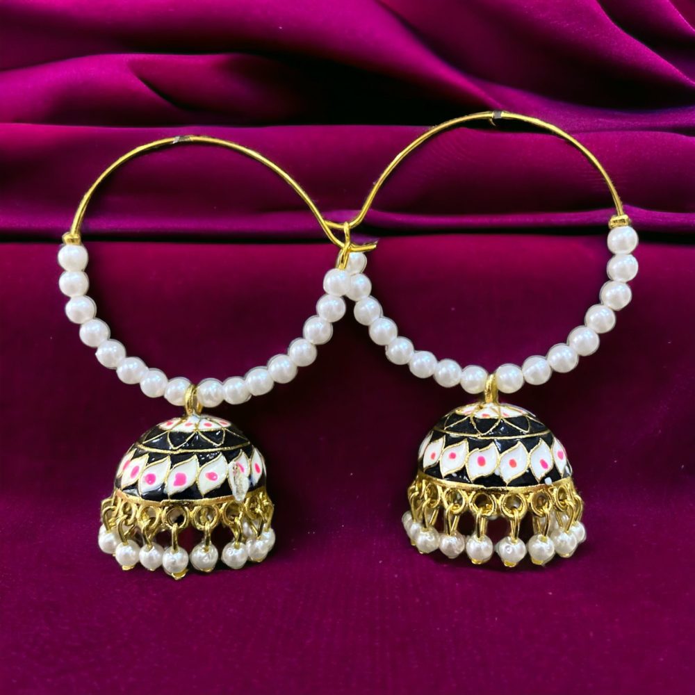 Pearl Hoop Jhumka Earrings Gold Grey Color-Kalash Cards
