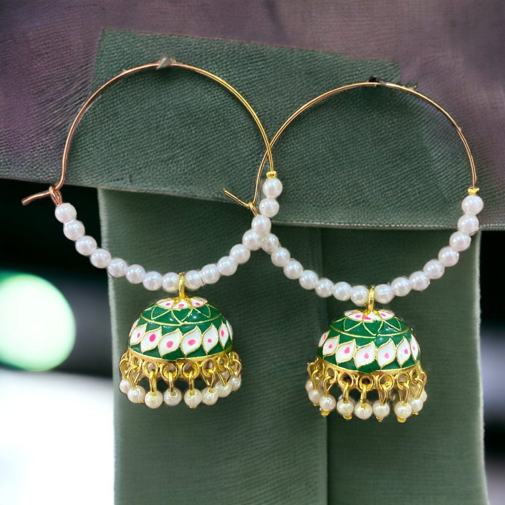 Pearl Hoop Jhumka Earrings Gold Green Color-Kalash Cards