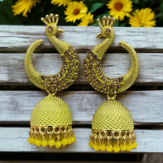 Peacock Shaped Yellow Gold Plated Jhumkas Earrings-Kalash Cards