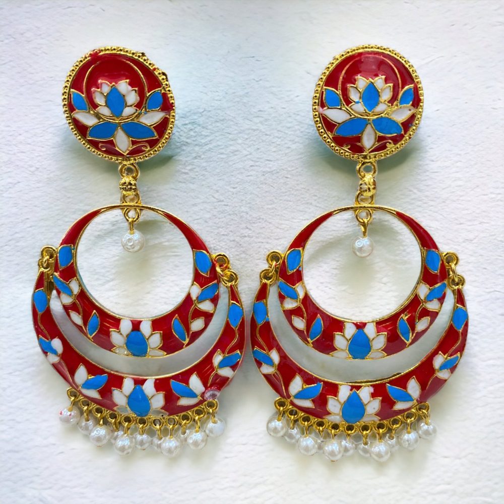 Meena Chandbali Earrings Gold Red Color-Kalash Cards