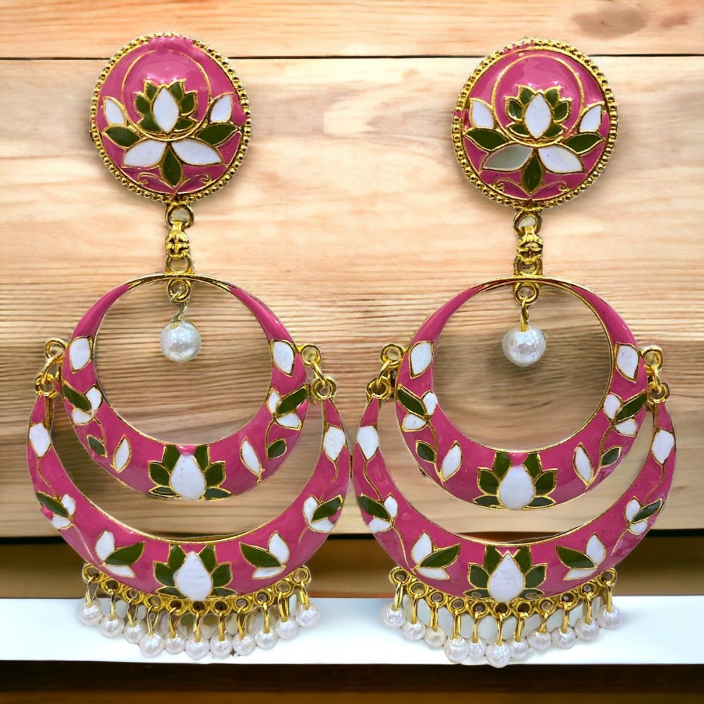 Meena Chandbali Earrings Gold Pink Color-Kalash Cards