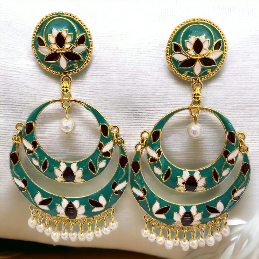Meena Chandbali Earrings Gold Mint Green Color-Kalash Cards