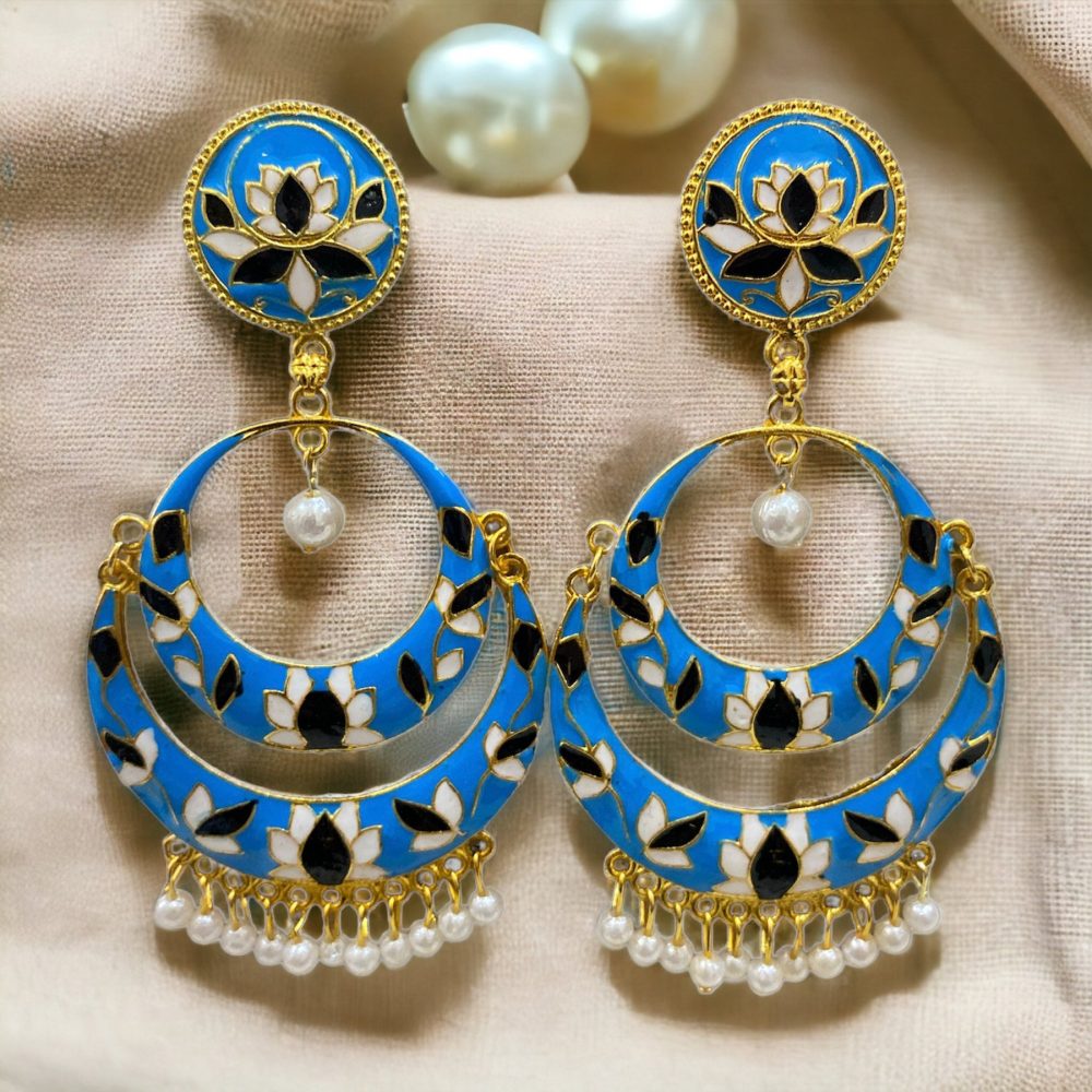 Meena Chandbali Earrings Gold Blue Color-Kalash Cards