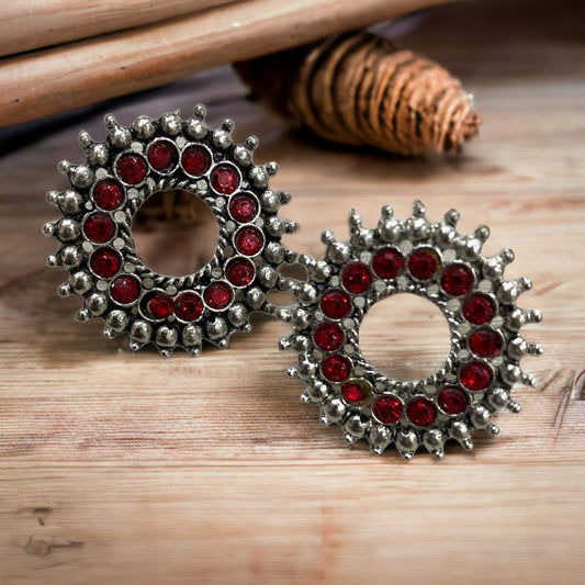 Silver Oxidised Stud Earrings with Red Diamonds-Kalash Cards