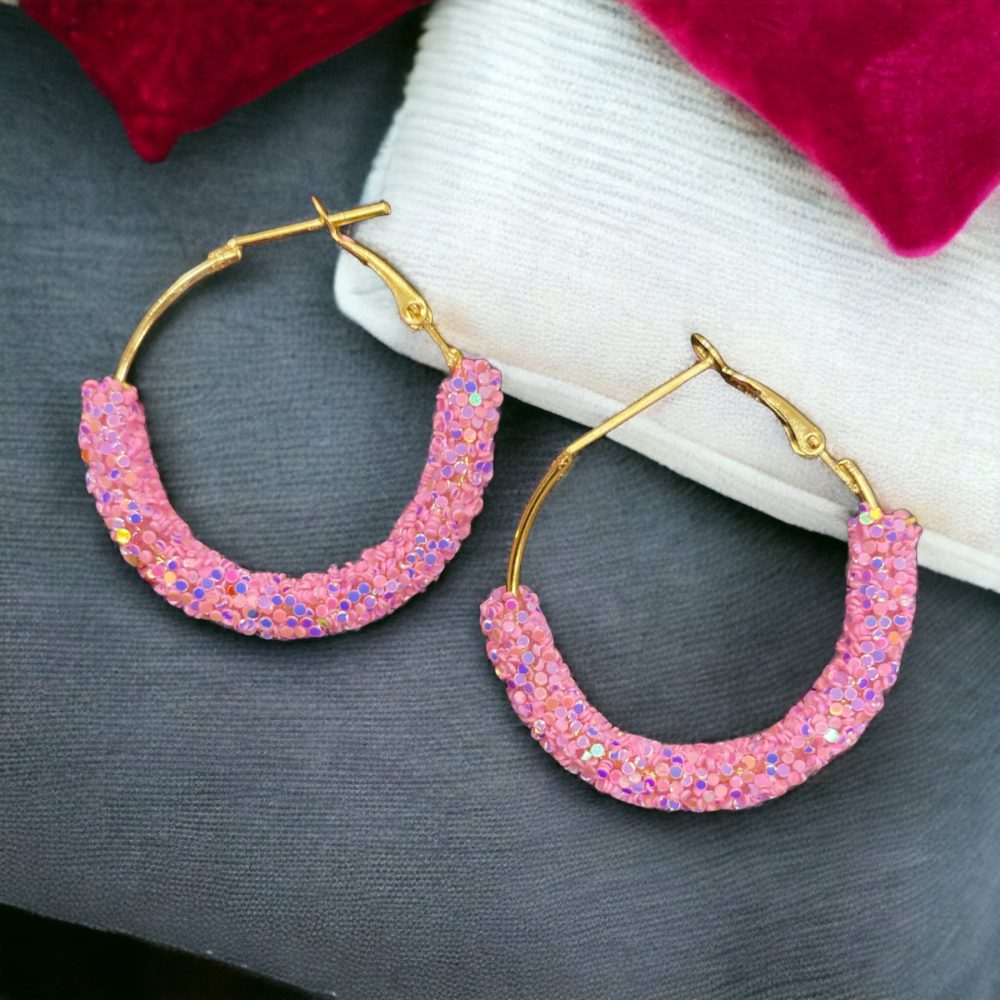 Funky Glitter Hoop Earrings Pink Color-Kalash Cards