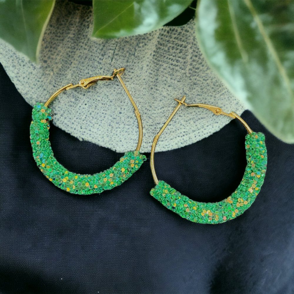 Funky Glitter Hoop Earrings Dark Green Color-Kalash Cards