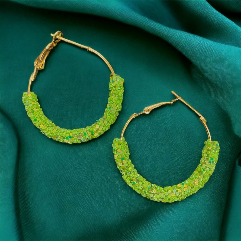 Funky Glitter Hoop Earrings Light Green Color-Kalash Cards