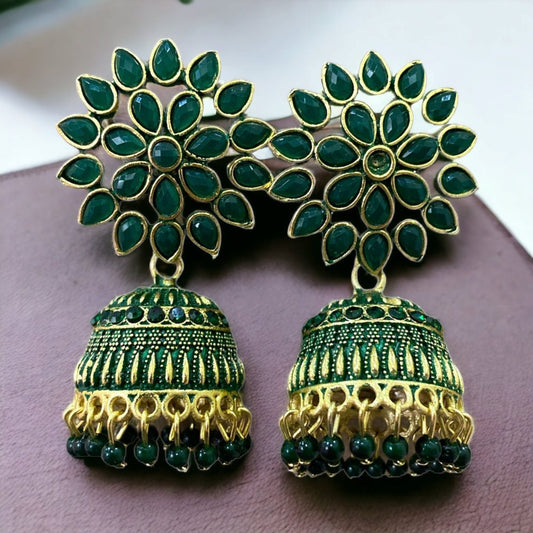 Floral Design Dark Green Gold Plated Jhumka Earrings-Kalash Cards