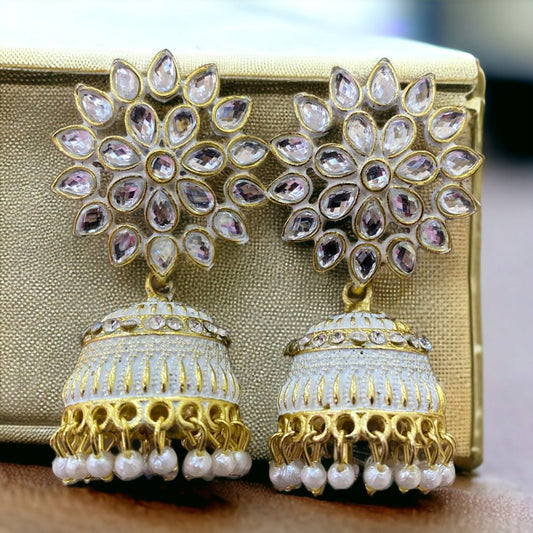 Floral Design White Gold Plated Jhumka Earrings-Kalash Cards