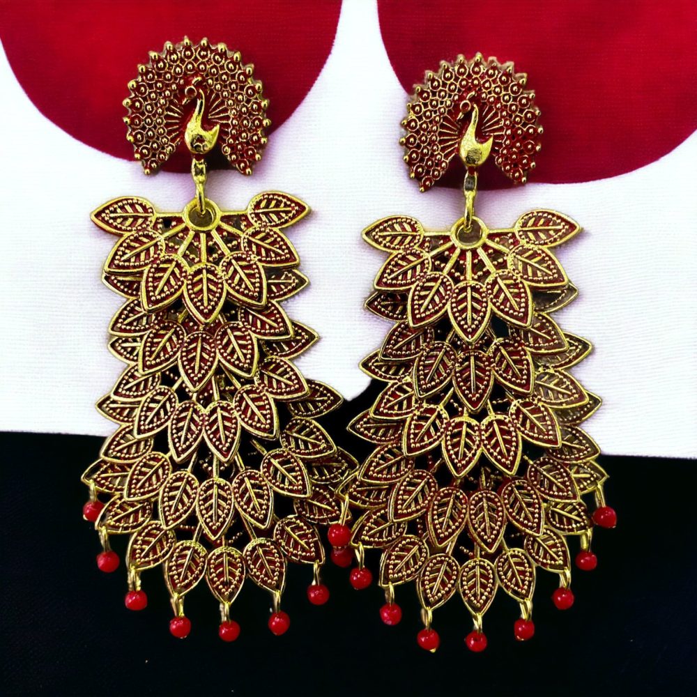 Beautiful Peacock Design Red Gold Plated Casual Earrings-Kalash Cards