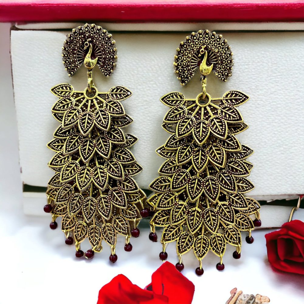 Beautiful Peacock Shaped Maroon Gold Plated Casual Earrings-Kalash Cards