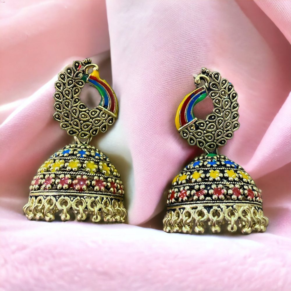 Peacock Shaped Multi-coloured Gold Plated Jhumkas Earrings-Kalash Cards