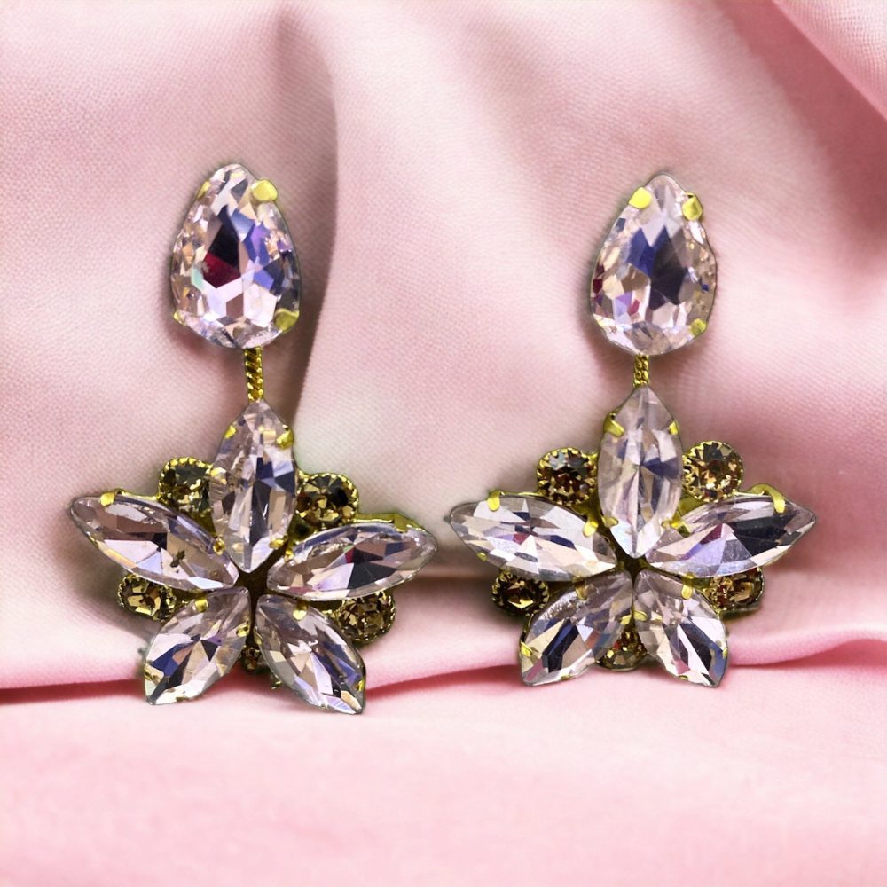 Party Look Flower Design Crystal Earrings Pink Color-Kalash Cards