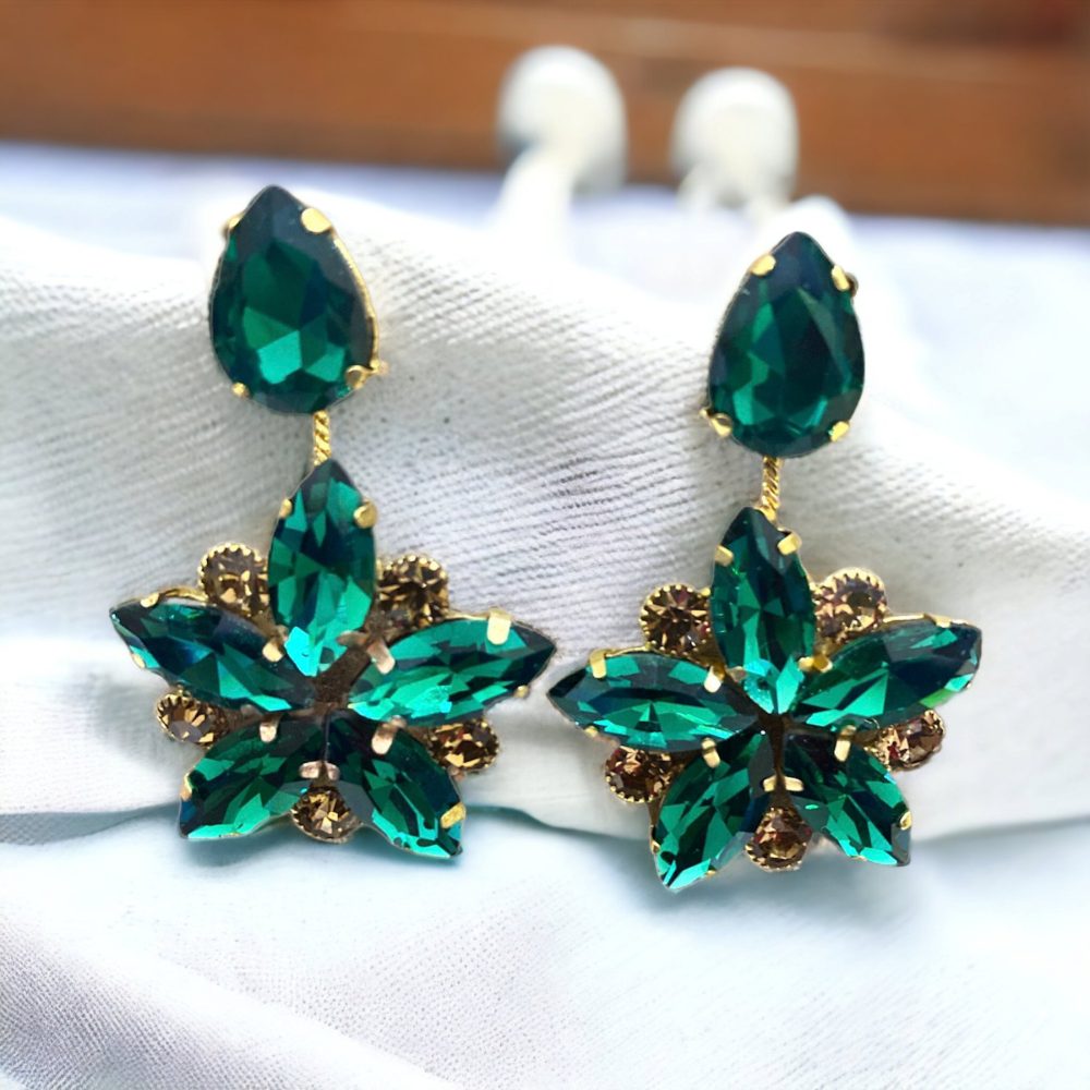 Party Look Flower Design Crystal Earrings Green Color-Kalash Cards