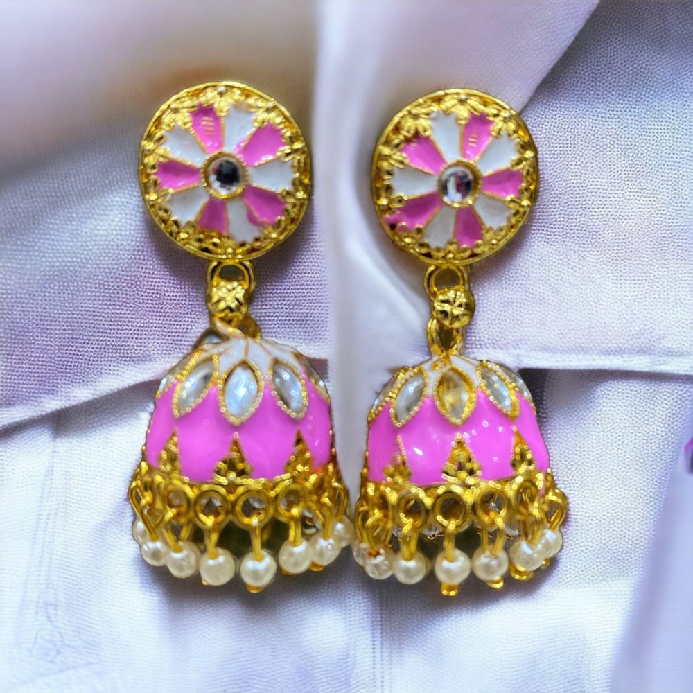 Meenakari Jhumka Earrings Gold Dark Pink Color-Kalash Cards