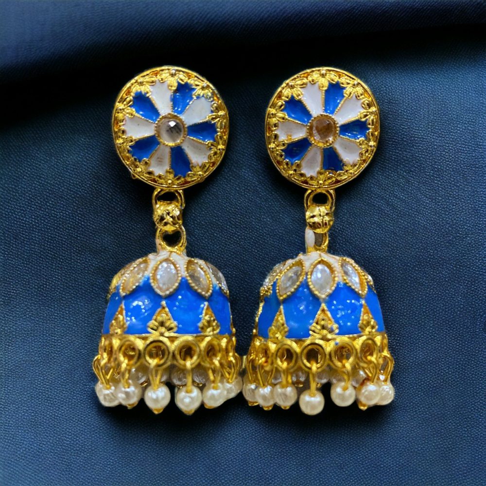 Meenakari Jhumka Earrings Gold Blue Color-Kalash Cards