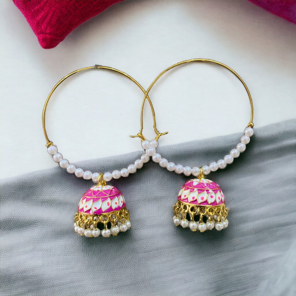 Pearl Hoop Jhumka Earrings Gold Pink Color-Kalash Cards