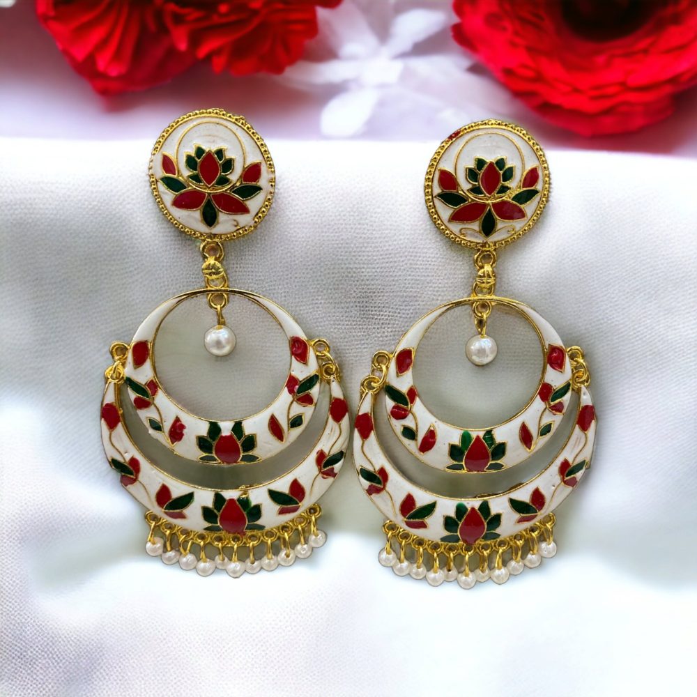 Meena Chandbali Earrings Gold White Color-Kalash Cards