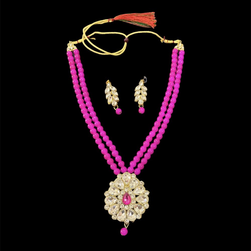 Pink Kundan and Beads Long Necklace with Earrings-Kalash Cards