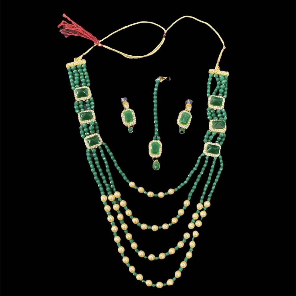Green and White Pearl Long Layered Necklace Set with Earrings and Mangtika-Kalash Cards