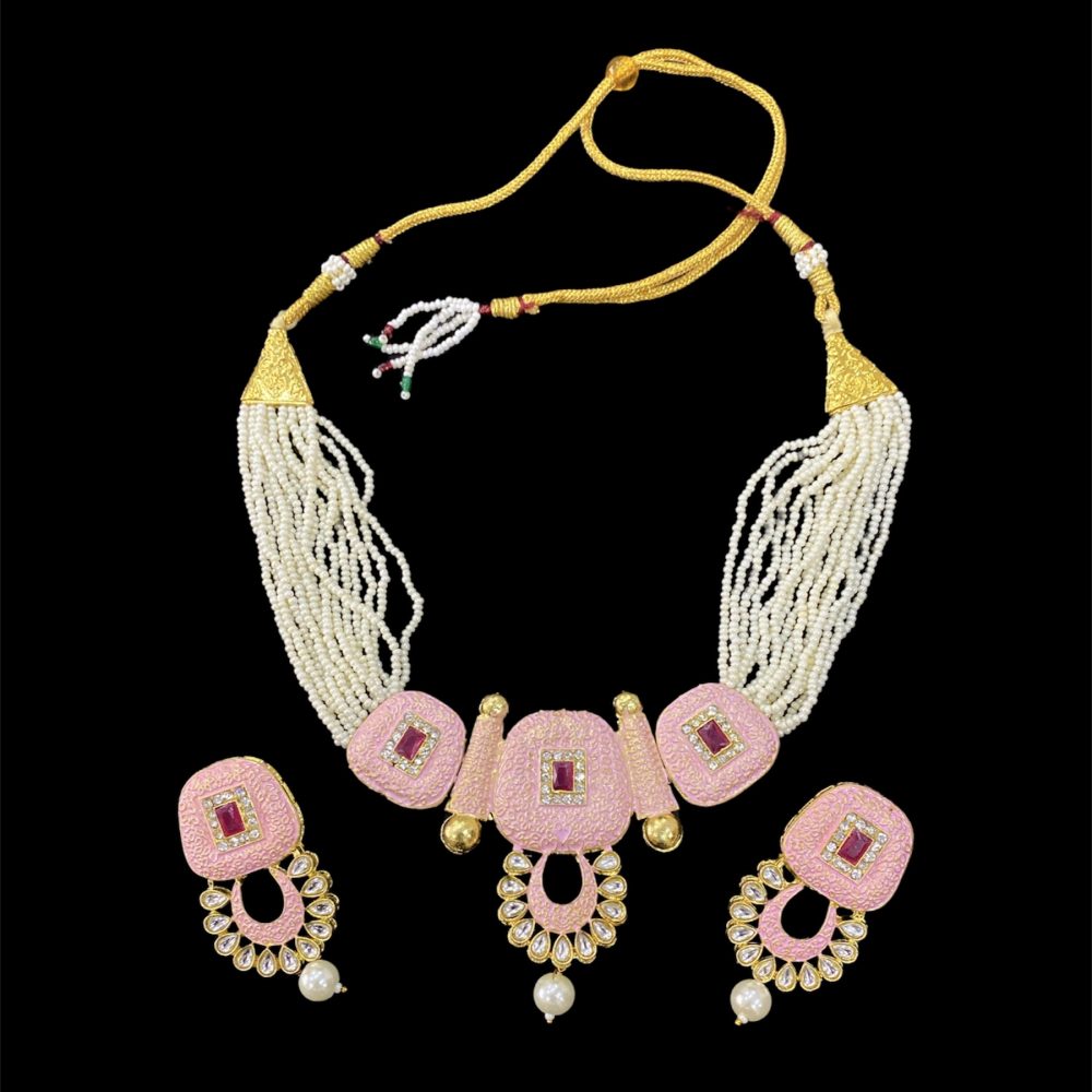 Pink Meenakari and Seed Beaded Pearl Choker Necklace Set with Earrings-Kalash Cards