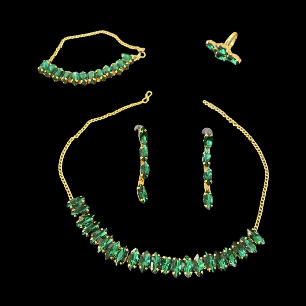 Green Colour Korean Crystal Necklace Set with Earrings Bracelet and Ring-Kalash Cards