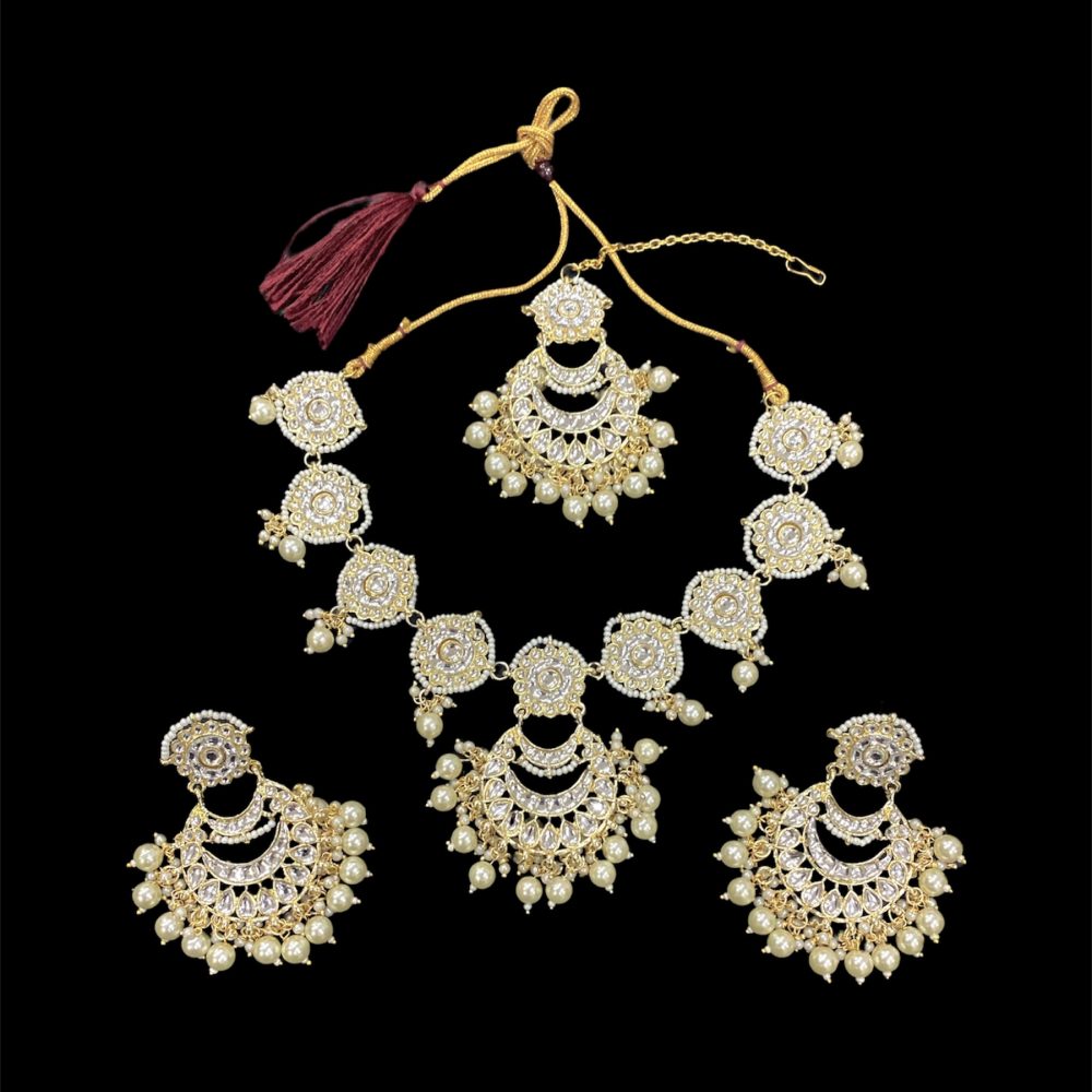 Punjabi Style Pearl and Kundan Necklace with Earrings and Mangtika-Kalash Cards