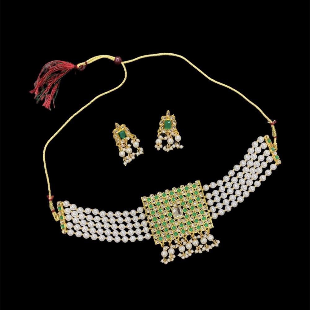 Green Colour Kundan and Pearl Choker Necklace Set with Earrings-Kalash Cards