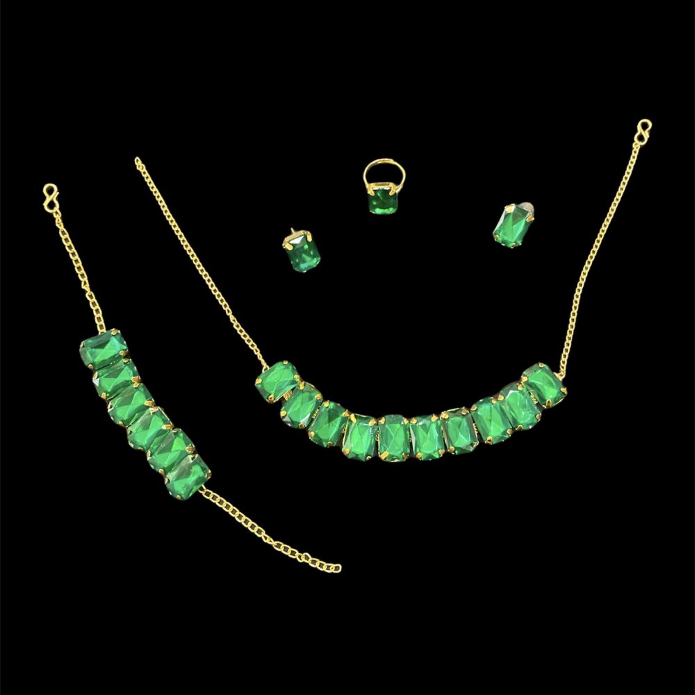 Green Colour Korean Crystal Necklace Set with Earrings Bracelet and Ring-Kalash Cards