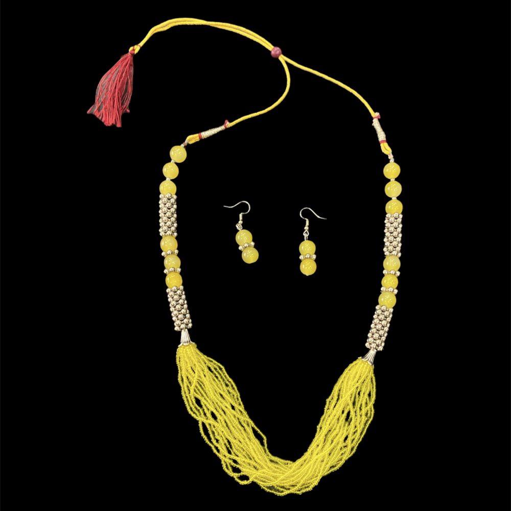 Yellow Coastal Beads Long Multi String Necklace with Earrings-Kalash Cards